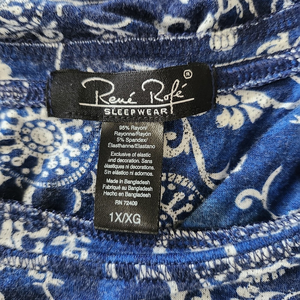 Rene Rofe Womens 1X Sleeveless Blue White Vine Floral Print Nightgown Pockets - Picture 5 of 5
